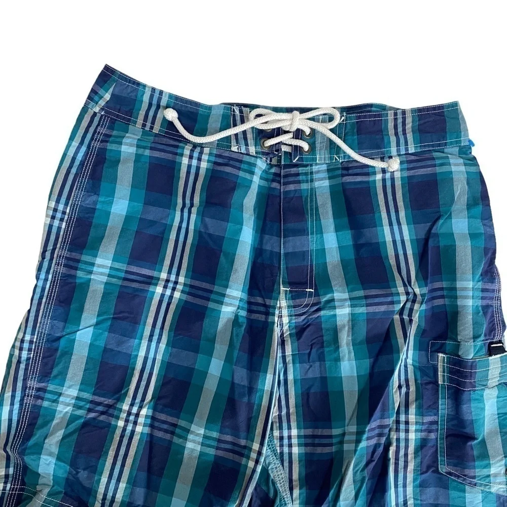 J. CREW Board Shorts Size 33 Mens Swimwear Blue Plaid Swim Trunks